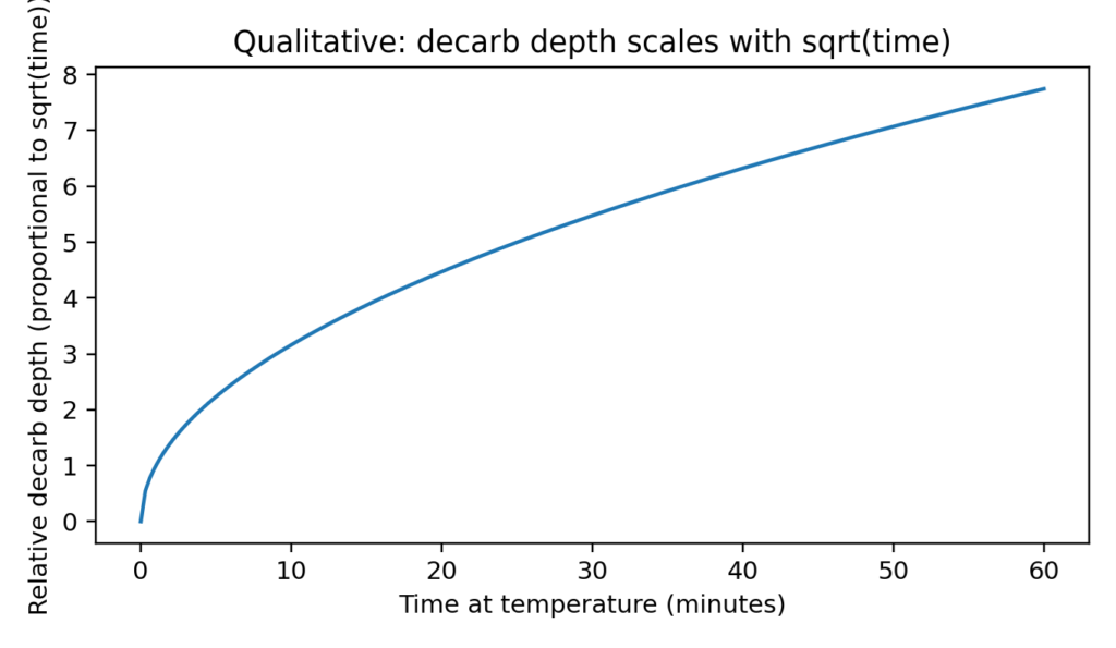 Qualitative scaling of decarb depth with time (illustrative)