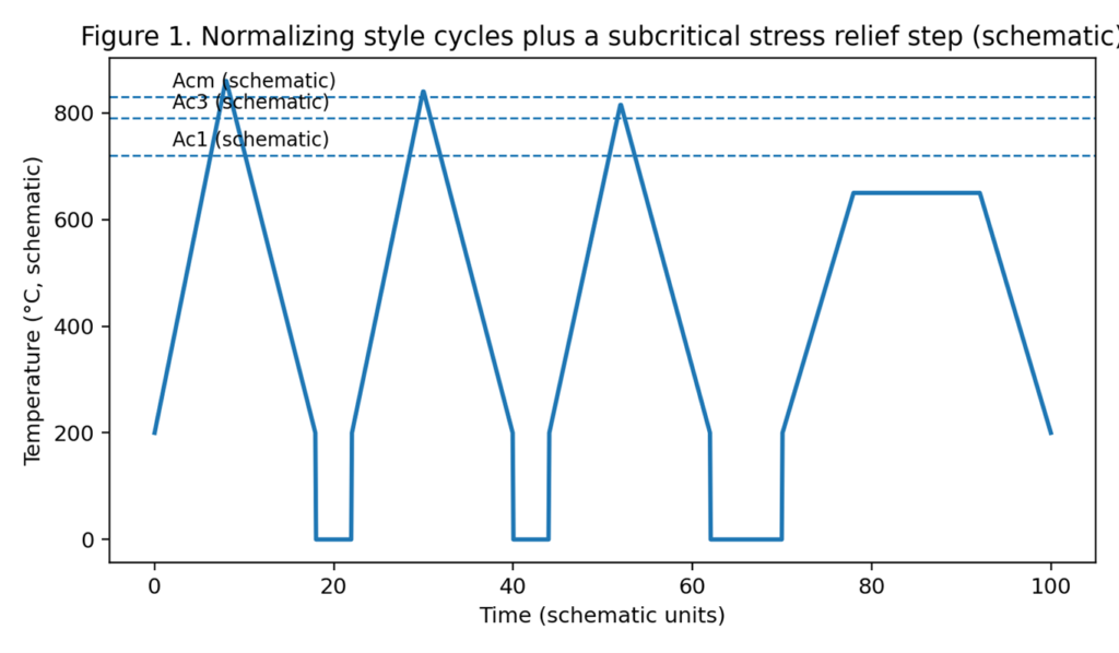 shows a typical post forging pattern: several normalize style cycles and then an optional subcritical stress relief step