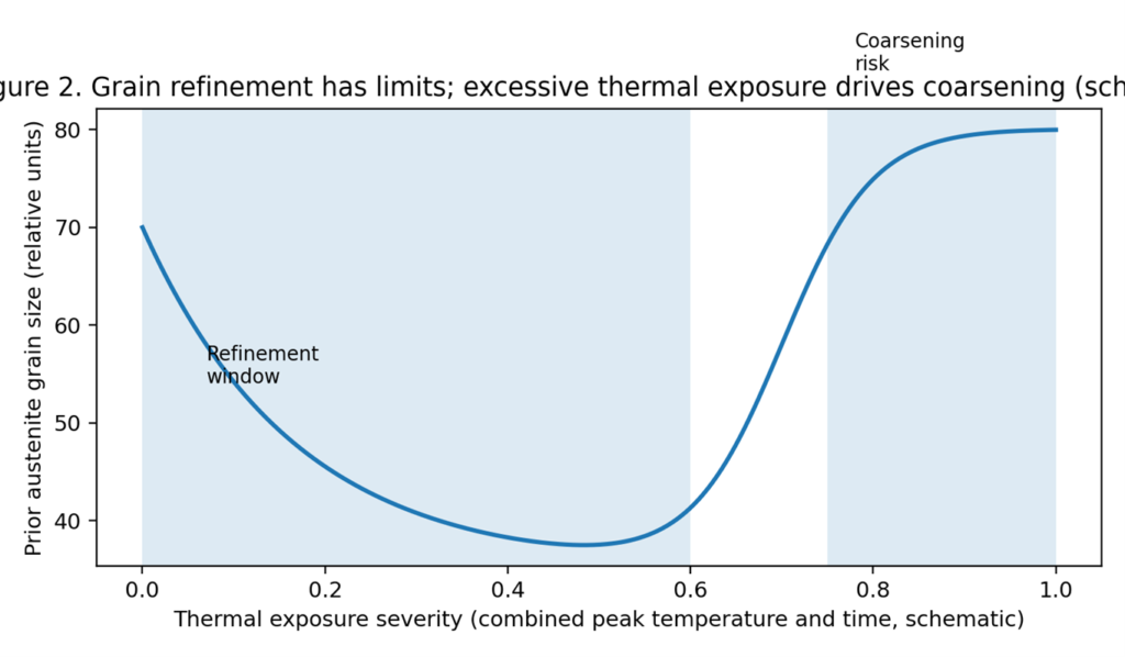 summarizes the refinement versus coarsening balance as thermal exposure increases.